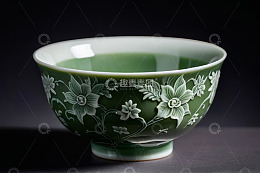 绿色花卉纹瓷碗特写