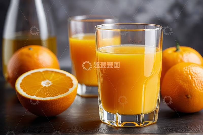 高清大图下载【趣麦麦图】玻璃杯中的新鲜橙汁与橙子