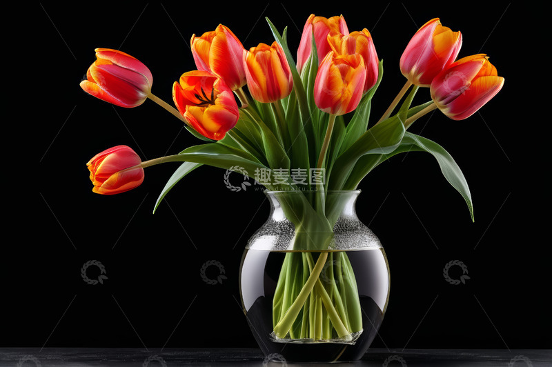 高清大图下载【趣麦麦图】玻璃花瓶中的橙红色郁金香