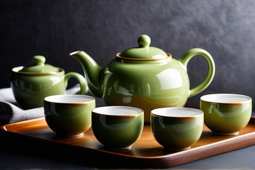 绿色茶具套装特写
