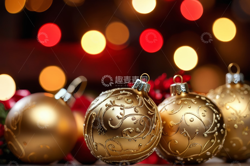 高清大图下载【趣麦麦图】金色圣诞装饰球特写