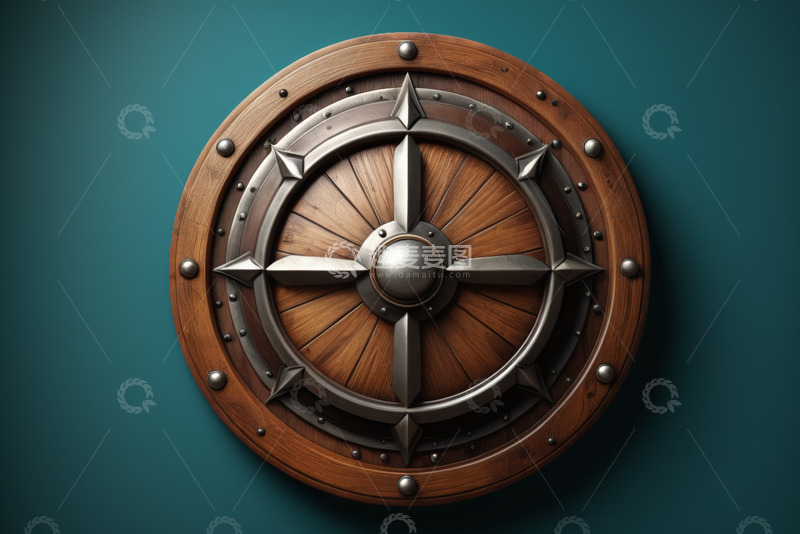 高清大图下载【趣麦麦图】木质金属装饰盾牌特写