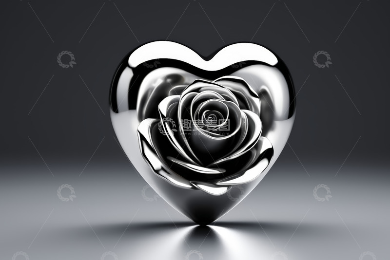 高清大图下载【趣麦麦图】心形金属质感玫瑰图案素材