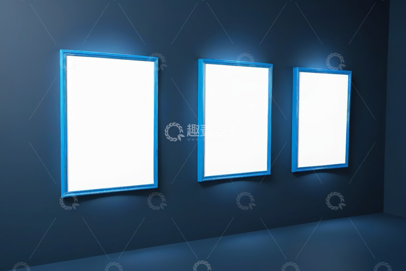 高清大图下载【趣麦麦图】蓝色墙面上的空白画框