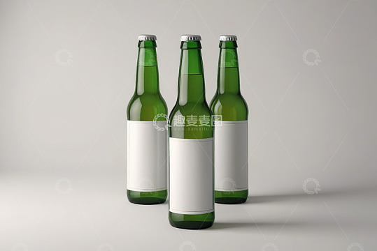 三个绿色啤酒瓶静物展示