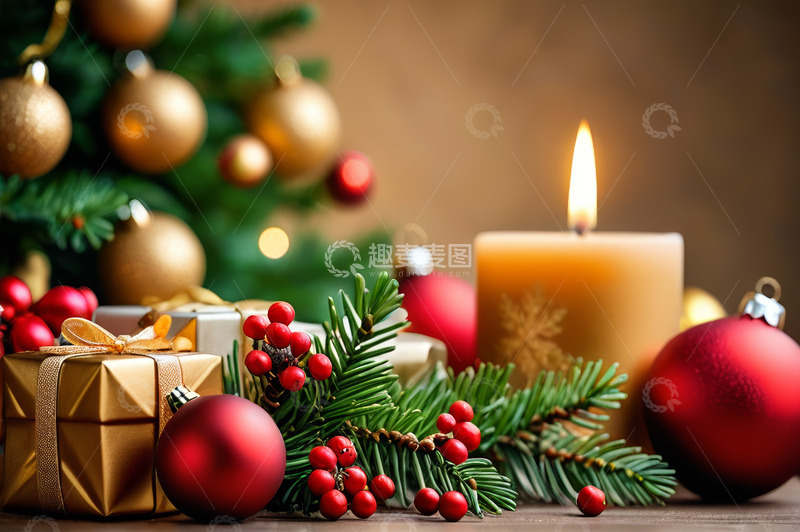 高清大图下载【趣麦麦图】圣诞装饰蜡烛与礼物场景
