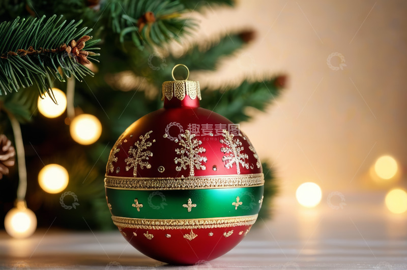 高清大图下载【趣麦麦图】圣诞装饰球与圣诞树特写