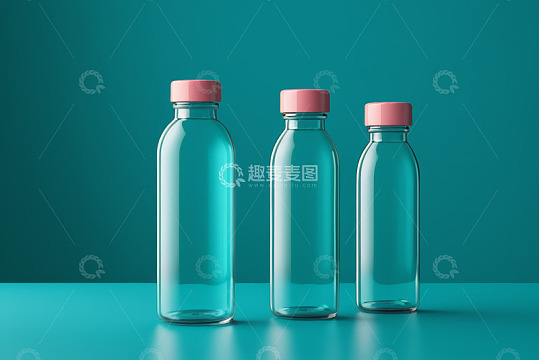 三个带粉色瓶盖的透明玻璃瓶