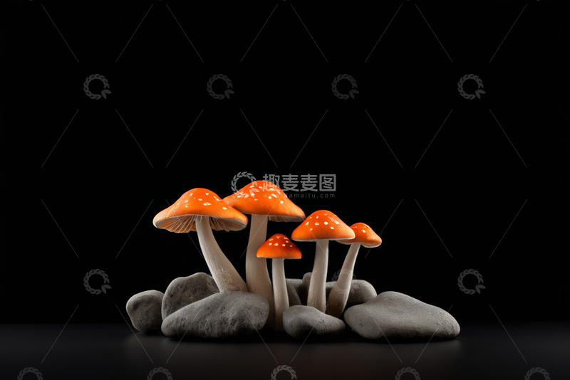 高清大图下载【趣麦麦图】橙色斑点蘑菇与石块静物素材