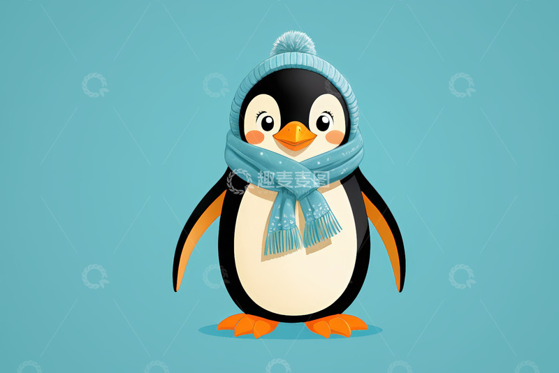 高清大图下载【趣麦麦图】戴帽围巾的卡通企鹅形象
