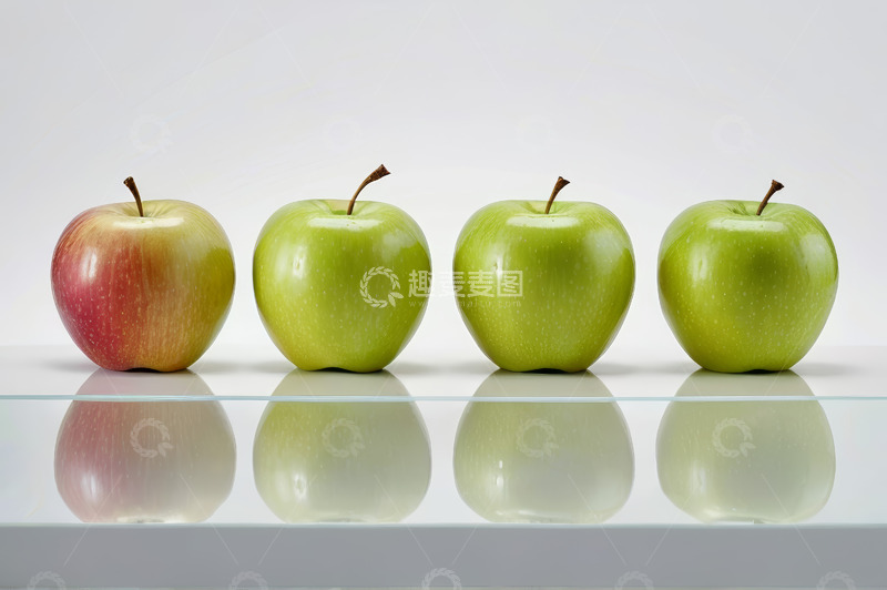 高清大图下载【趣麦麦图】四个苹果摆放在玻璃台面上