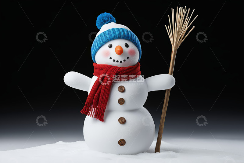 高清大图下载【趣麦麦图】戴帽围巾的雪人手持扫帚