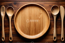 木质餐具摆放在木桌上
