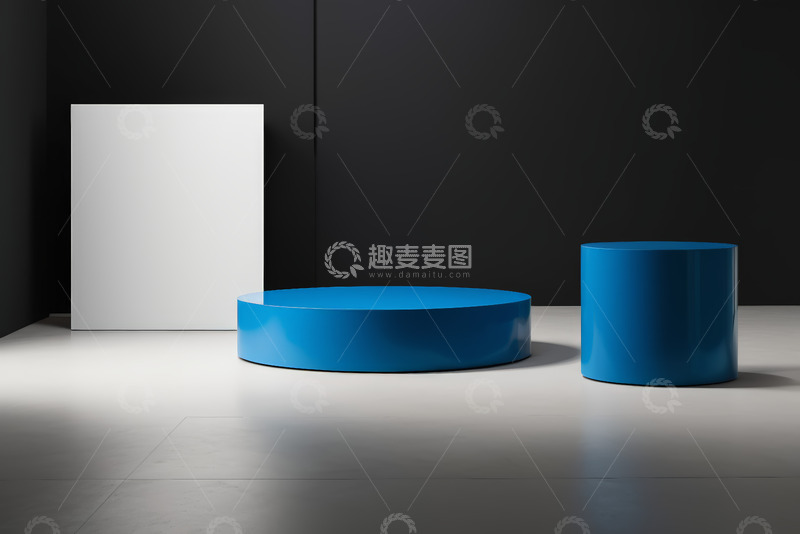 高清大图下载【趣麦麦图】室内蓝色展台与白色展板