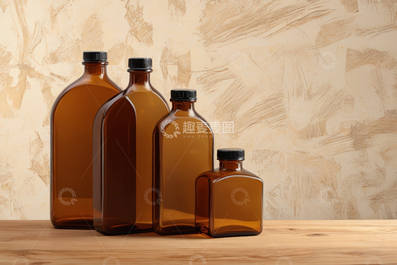 高清大图下载【趣麦麦图】棕色玻璃瓶摆放在木质桌面上