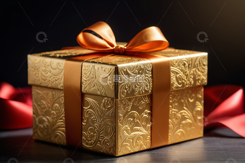 高清大图下载【趣麦麦图】金色花纹礼品盒带红色蝴蝶结