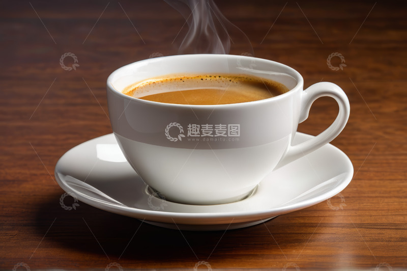 高清大图下载【趣麦麦图】木桌上热气腾腾的白色咖啡杯
