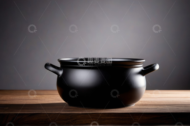 高清大图下载【趣麦麦图】木质桌面上的黑色双耳锅