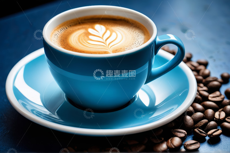 高清大图下载【趣麦麦图】蓝色咖啡杯与拉花咖啡