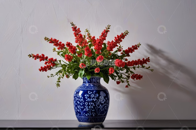 高清大图下载【趣麦麦图】青花瓷瓶插放红色花卉