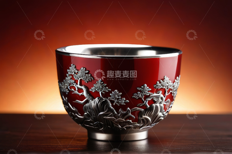 高清大图下载【趣麦麦图】红底银饰花纹碗特写