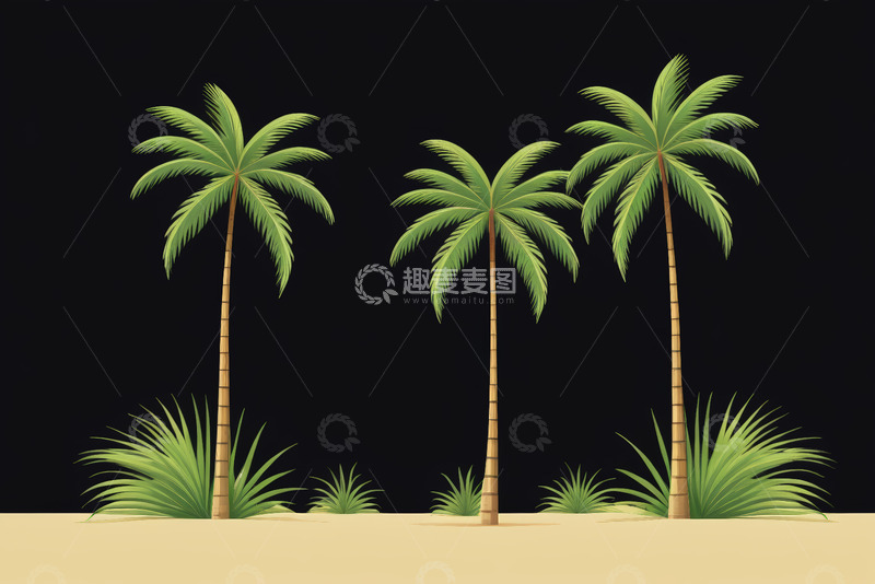 高清大图下载【趣麦麦图】黑色背景下的热带棕榈树插画
