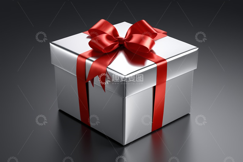 高清大图下载【趣麦麦图】带红丝带的银色礼物盒