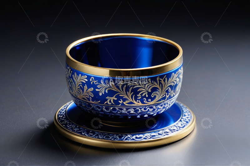 高清大图下载【趣麦麦图】蓝金花纹陶瓷杯及杯托特写