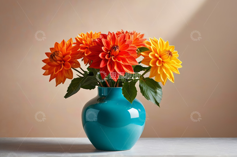 高清大图下载【趣麦麦图】蓝色花瓶中盛放的多彩花朵