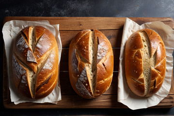 木板上摆放的三个烘焙面包