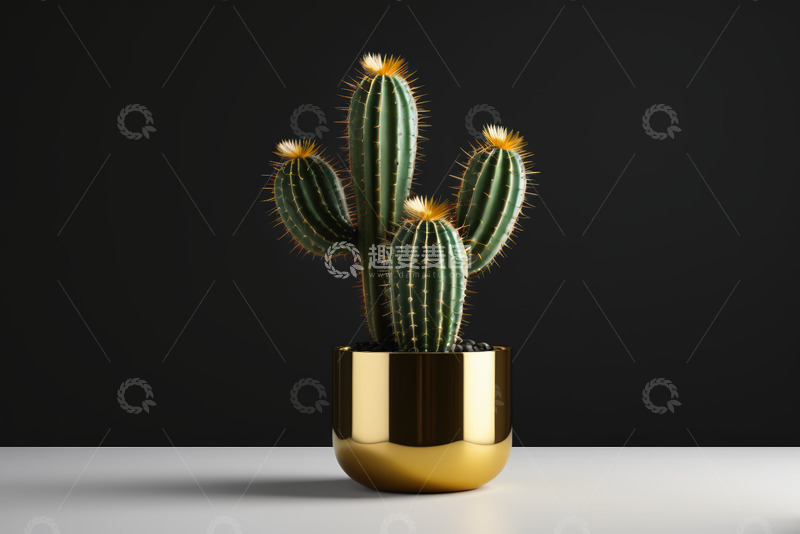高清大图下载【趣麦麦图】金色花盆中的仙人掌静物
