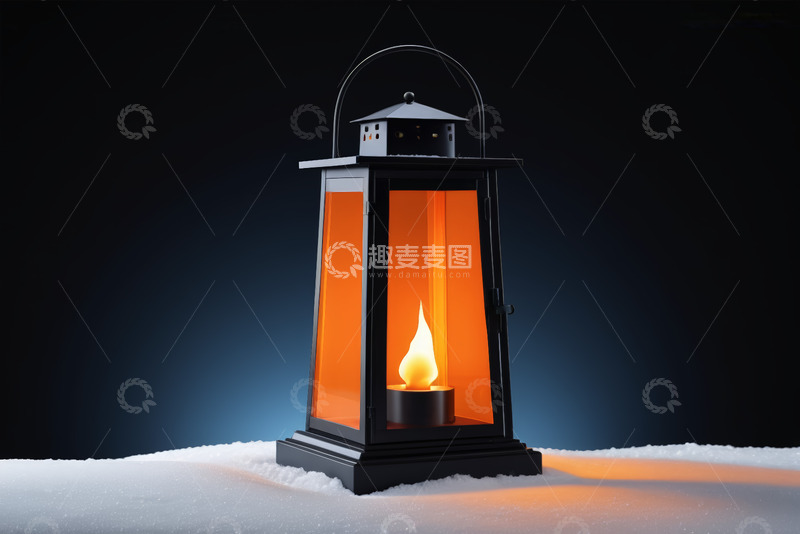 高清大图下载【趣麦麦图】雪地上点燃蜡烛的黑色灯笼