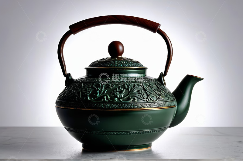 高清大图下载【趣麦麦图】绿色花纹提梁茶壶特写