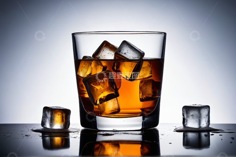 高清大图下载【趣麦麦图】装着冰块的威士忌玻璃杯