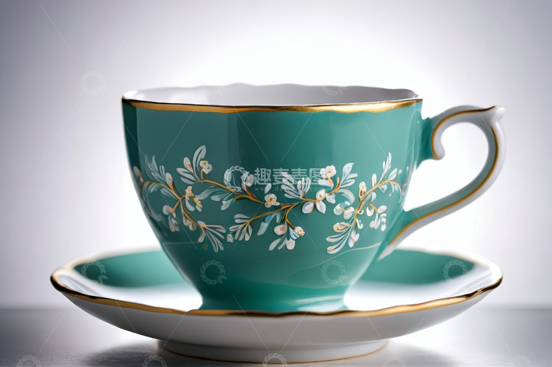 高清大图下载【趣麦麦图】绿色花纹陶瓷茶杯与茶托