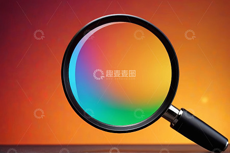 彩色背景前的放大镜特写