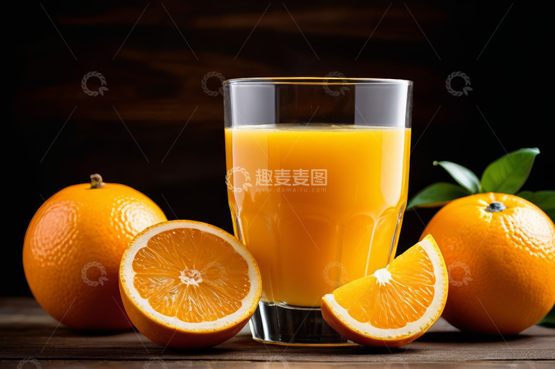 高清大图下载【趣麦麦图】玻璃杯装鲜榨橙汁与橙子