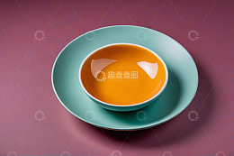 紫色背景上的蓝盘橙碗