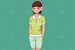 戴耳机微笑的女孩插画