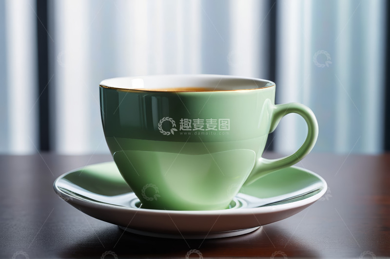 高清大图下载【趣麦麦图】绿色咖啡杯置于深色桌面上