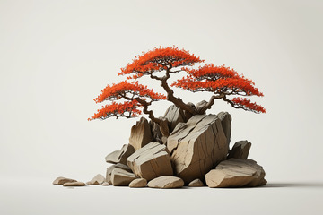 岩石上的红枫盆景