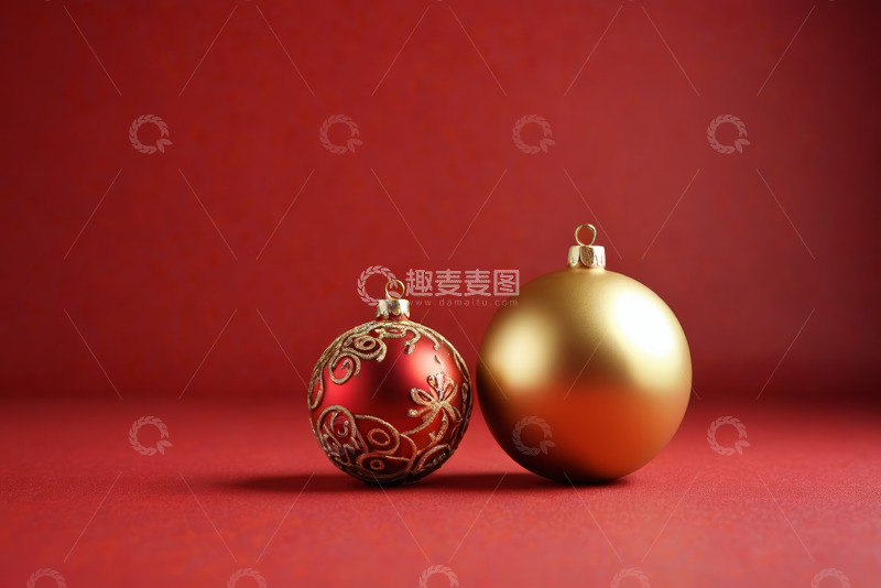 高清大图下载【趣麦麦图】红色背景上的圣诞装饰球
