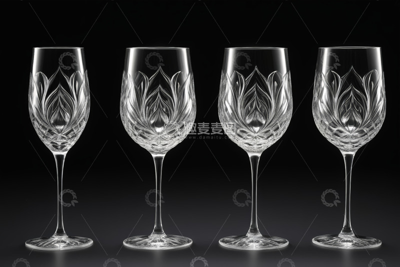 高清大图下载【趣麦麦图】四个雕花玻璃高脚酒杯