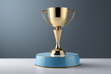金色奖杯置于蓝色底座上