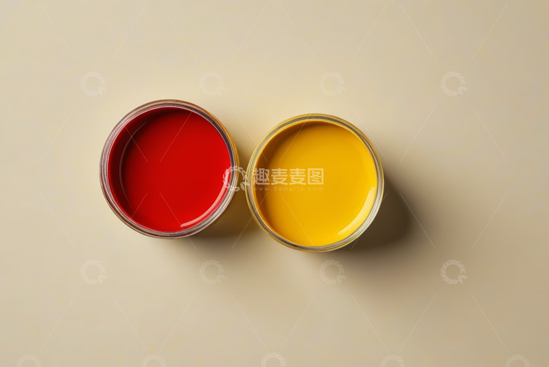 高清大图下载【趣麦麦图】红黄两色油漆罐俯拍素材