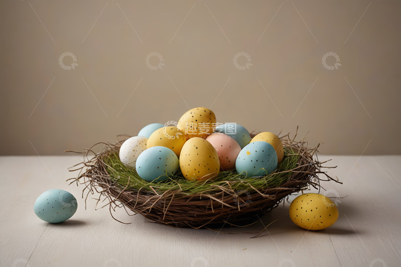 高清大图下载【趣麦麦图】复活节装饰彩蛋置于鸟巢中