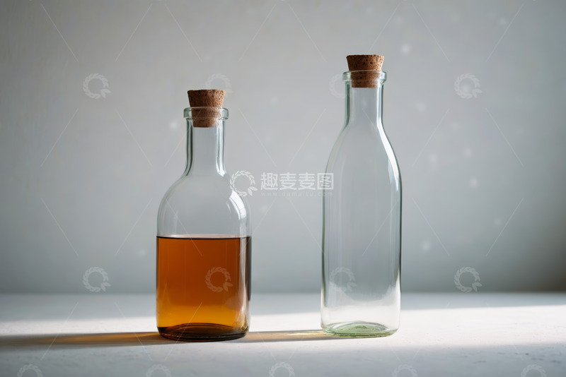 高清大图下载【趣麦麦图】两个带软木塞的玻璃瓶装液体