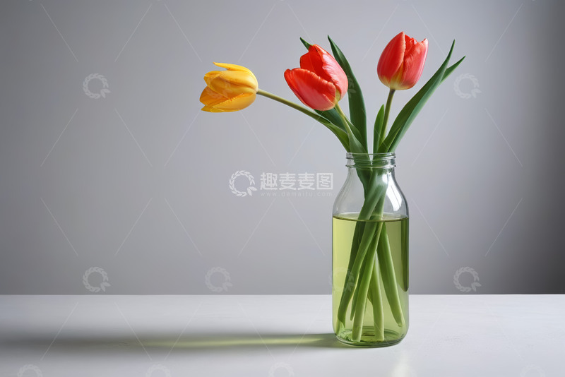 高清大图下载【趣麦麦图】玻璃瓶中红黄郁金香插花