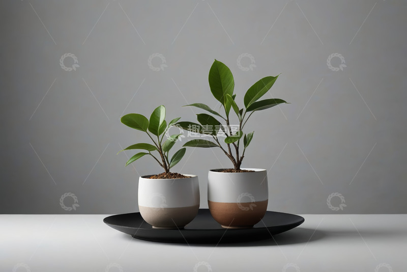 高清大图下载【趣麦麦图】两盆绿植盆栽摆放在黑色托盘上