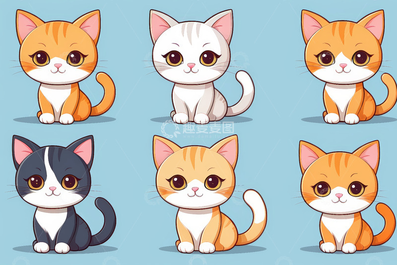 高清大图下载【趣麦麦图】六只可爱卡通小猫坐立画面